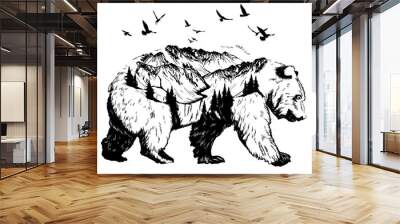 Double exposure, bear and mountain landscape Wall mural