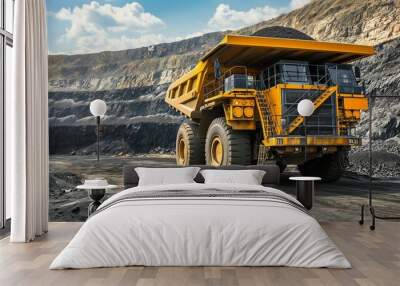 Excavator loads rock formation into the back of a heavy mining dump truck. Large quarry dump truck. Wall mural