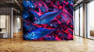 ocean fish close-up, school of fish swimming undewater, blue and bright red color palette Wall mural