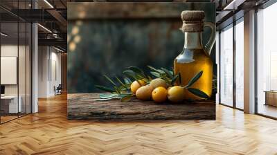 Olive oil and olive twig on a table Wall mural