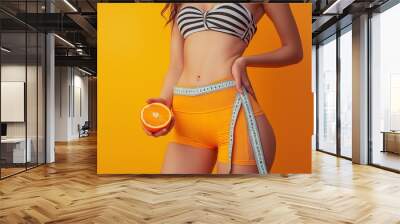 slender beautiful thin woman with an orange and a measuring tape Wall mural