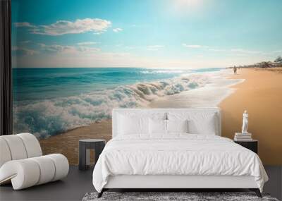 sunny day at the beach with people playing in the sand and waves Wall mural