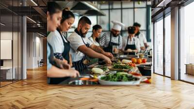 Teamwork in the kitchen. A group of chefs working together in a busy restaurant, preparing meals on kitchen Wall mural