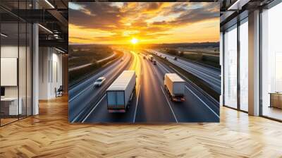 truck on the highway, Big truck with heavy equipment trailer speeding on rural road Wall mural