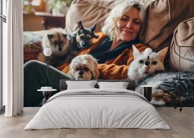 woman enjoys spending time at home with her pets Wall mural