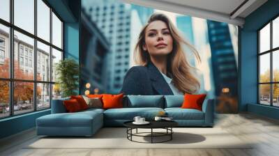 Young successful smiling pretty business woman, standing on big city urban street, success Wall mural