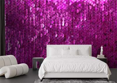 Beautiful iridescent sequins texture, fish scale fabric background, close up Wall mural