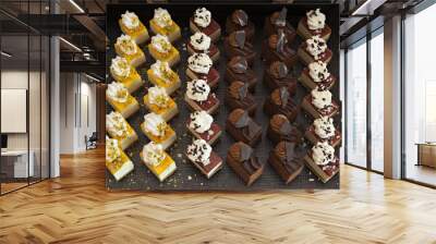 Small assorted cakes lined up in rows on dessert buffet Wall mural