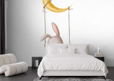 cute sleepy hare on the swing, watercolor style illustration, good night clipart with cartoon character Wall mural