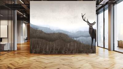 deer in autumn landscape, Nordic art picture, Scandinavian poster and banner good for wallpaper and interior design Wall mural