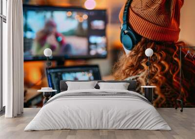 A person with curly hair edits photos on a laptop while wearing headphones in a cozy workspace filled with warm light Wall mural