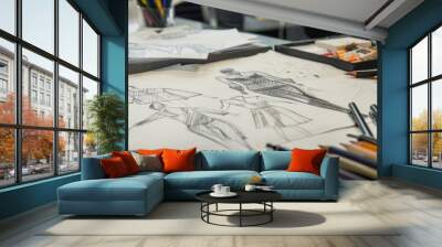 Close-up view of fashion sketches and tools on a designer’s desk during a creative session Wall mural