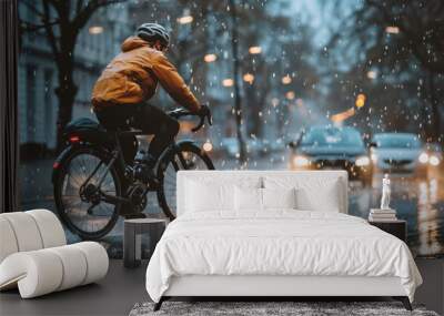 Cyclist riding through rainy city streets wearing gear during dusk hours Wall mural