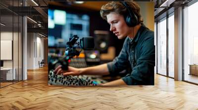 Engineer fine-tuning boom microphone in a sound studio during a recording session for an upcoming project Wall mural