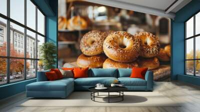 Freshly baked bagels piled on the counter at a cozy bakery in the morning light Wall mural