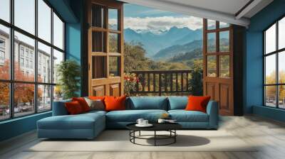 Open door revealing a breathtaking view of mountains and lush greenery during daylight hours Wall mural