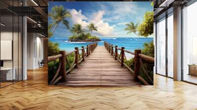 Beach with wooden bridge. Clear blue sky and clouds on sea. Summer, travel and vacation theme. Wall mural