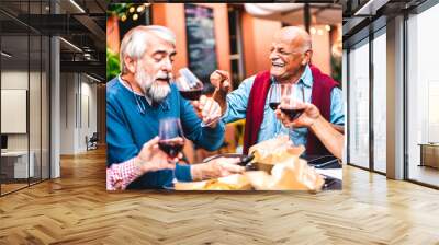 Happy retired friends having fun drinking red wine at pre dinner party - Senior people eating at restaurant together - Dinning life style concept on warm contrast filter Wall mural