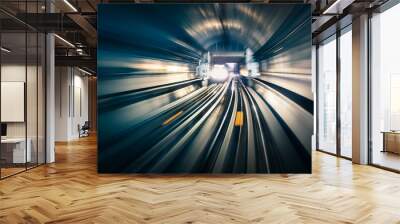 Subway tunnel with blurred light tracks with arriving train Wall mural