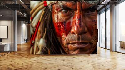 A Native American man is depicted with red and white paint on his face, showcasing traditional tribal markings Wall mural