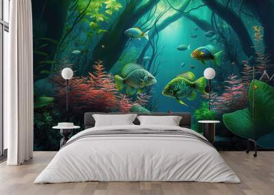 AI generated illustration from tropical forest under water with colorful fish Wall mural