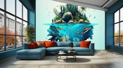 AI generated illustration tropical island view with fish under water Wall mural