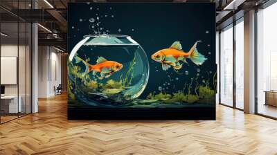 Cartoon illustration with one fish inside bowl fish tank and second is out in water Wall mural