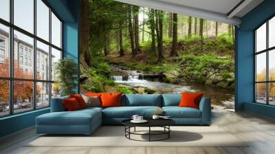 mountains river in forest Wall mural