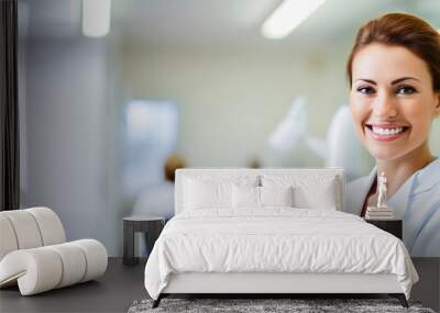 Portrait of a smiling female dentist in a dental office. Dentistry concept. Banner with Copy space. Wall mural