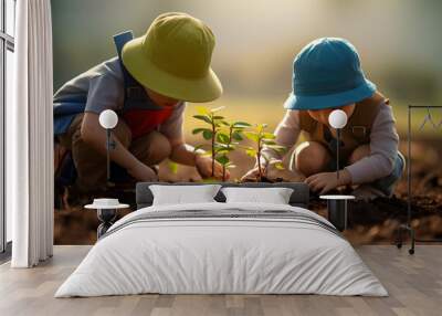 Two little children planting tree in the garden. Earth day concept. Wall mural