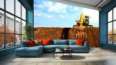 A large construction excavator of yellow color on the construction site in a quarry for quarrying Wall mural