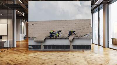 Aftermath Cyclone Idai and Cyclone Kenneth in Mozambique and Zimbabwe, people fixing damaged roof  Wall mural