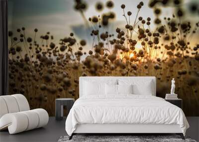 Detail of flax seeds on field during sunset in Austria. Wall mural