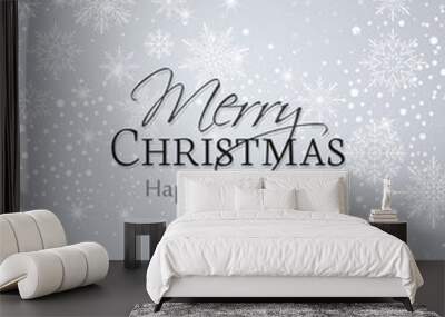 Vector illustration of a Christmas background. Merry Christmas card with snowflakes. Snow decoration on silver background Wall mural