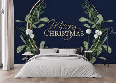 Vector illustration of Christmas wreath with branches and mistletoe. Happy Christmas greeting card Wall mural