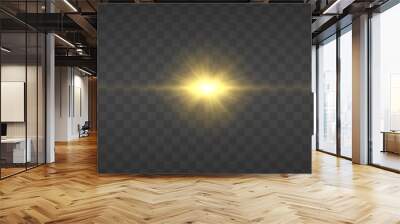 Flare with golden rays of light and magic sparkles. Bright Star. Abstract golden rays will raise. Transparent glitter gradient gloss, bright flash. Gold shining sun with transparent rays. Vector. Wall mural