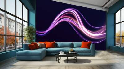 Futuristic dynamic motion technology. Neon color glowing lines background, high-speed light trails effect. Purple glowing wave swirl, impulse cable lines.	 Wall mural