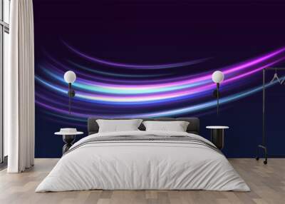 High speed effect motion blur night lights blue and red. Futuristic neon light line trails. bright sparkling background. Purple glowing wave swirl, impulse cable lines. Long time exposure. Vector	 Wall mural