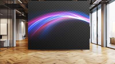 High speed effect motion blur night lights blue and red. Futuristic neon light line trails. bright sparkling background. Purple glowing wave swirl, impulse cable lines. Long time exposure. Vector Wall mural