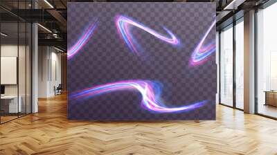 High speed effect motion blur night lights blue and red. Magic shining neon light line trails. Luminous bright background. Purple glowing wave swirl, impulse cable lines. Long time exposure. Vector Wall mural