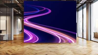 Light trail wave, fire path trace line, car lights, optic fiber and incandescence curve twirl. Rotating dynamic neon circle. Colored shiny sparks of spiral wave.  Wall mural