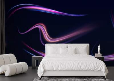 Set of neon blurry light circles at motion. Light trail wave, fire path trace line, car lights, optic fiber and incandescence curve twirl. Golden glowing shiny spiral lines effect.  Wall mural