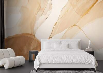 A beautiful abstract artwork with fluid shapes in beige, white and gold in style of alcohol ink painting. The background with liquid forms, watercolor blur and detailed texture. Wall mural