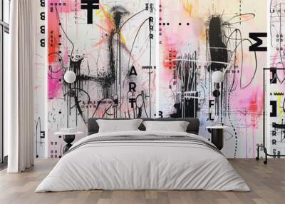 A series of designs on white background with black ink scribbles and splatters with neon pink accents. This vector illustration incorporates elements from street art and modern abstract art. Wall mural