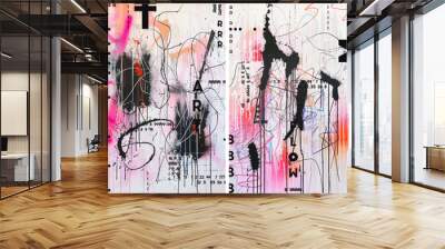 A series of designs on white background with black ink scribbles and splatters with neon pink accents. This vector illustration incorporates elements from street art and modern abstract art. Wall mural