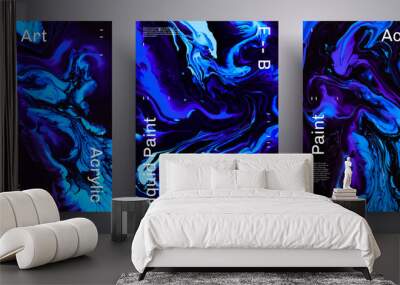 Abstract vector placard, pack of modern design fluid art covers. Trendy background that applicable for design cover, poster, brochure and etc. Purple, blue and black creative iridescent artwork. Wall mural