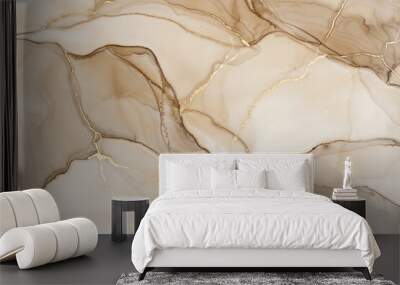 An abstract background with flowing liquid gold lines, featuring a soft painting of an earthy landscape with fluid art and shapes in beige tones using alcohol ink technique. Wall mural