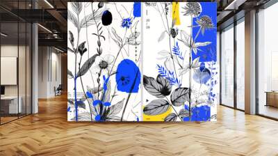 Black and white botanical illustrations with colorful accents, featuring various plants in an abstract composition. The background with blue and yellow shapes. Wall mural