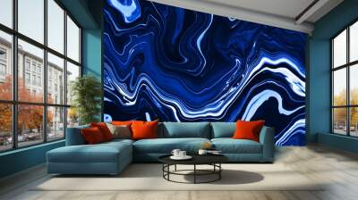 Bright resin art abstract background. Multicolor marble surface, mineral stone texture. Classic blue color of the year 2020 concept. Fluid, color liquid flow effect. Acrylic waves and swirls. Wall mural