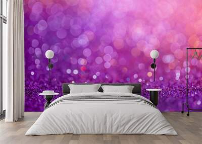 Decoration bokeh glitters background, abstract blurred backdrop with circles,modern design overlay with sparkling glimmers. Purple, pink and golden backdrop glittering sparks with glow effect Wall mural